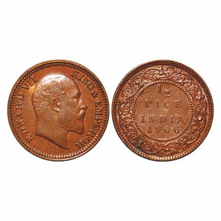 Edward VII, Bronze, 1/2 Pice, 1906, 2.69gm, Calcutta Mint, No mint mark. F. Prid 740. GK 1