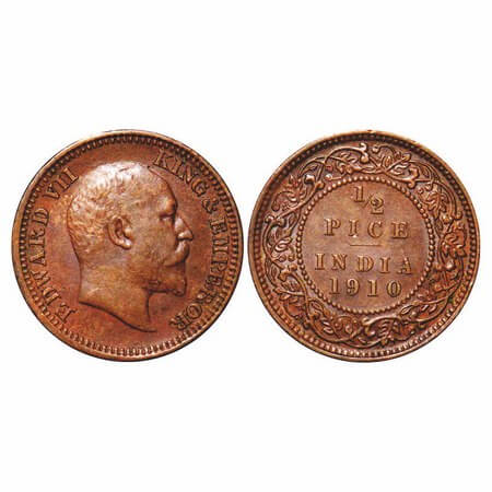 Edward VII, Bronze, 1/2 Pice, 1910, Calcutta Mint, No mint mark. F. Prid 744. GK 1011. Ext