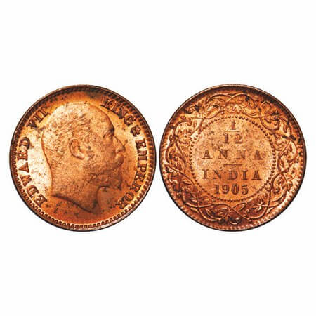 Edward VII, Copper, 1/12 Anna, 1905, Calcutta Mint, No mint mark. F. Prid 820. GK 1014. Mi
