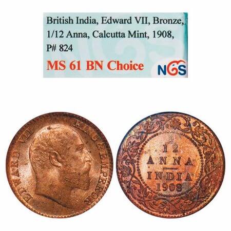 Edward VII, Bronze, 1/12 Anna, 1908, Calcutta Mint, No mint mark. F. Prid 824. GK 1018. NG