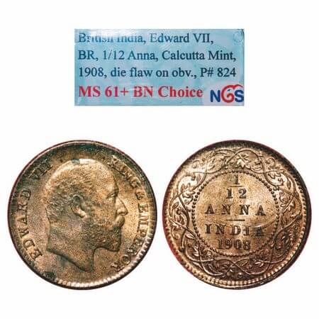 Edward VII, Bronze, 1/12 Anna, 1908, Calcutta Mint, No mint mark. F. Prid 824. GK 1018. NG