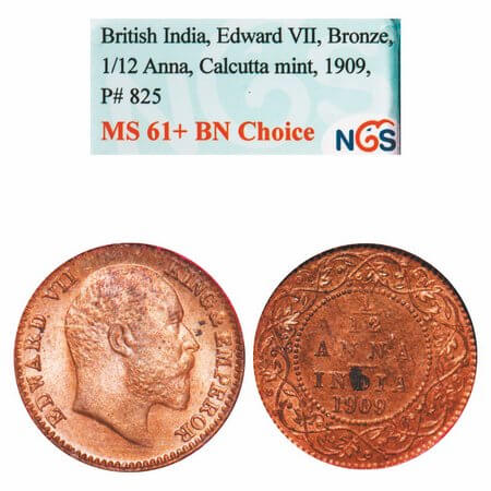Edward VII, Bronze, 1/12 Anna, 1909, Calcutta Mint, No mint mark. F. Prid 825. GK 1019. NG