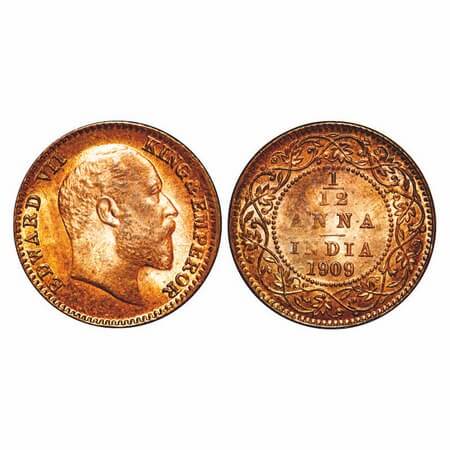 Edward VII, Bronze, 1/12 Anna, 1909, Calcutta Mint, No mint mark, Die cracks on Obv. F. Pr