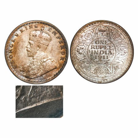 George V, Silver, Rupee, 1911, Calcutta Mint, No dot, Pig-Type, Raised initials 'B M' of S