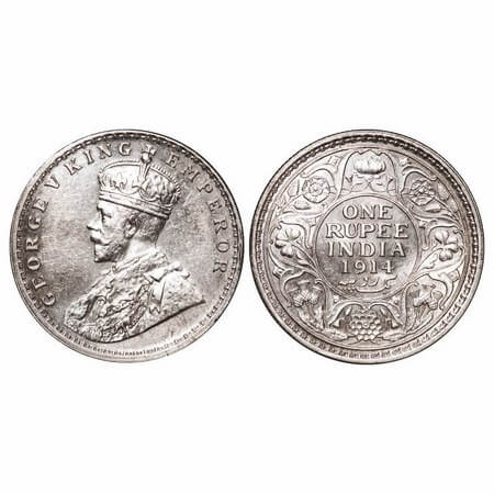 George V, Silver, Rupee, 1914, Calcutta Mint, No dot, Elephant. F. Prid 210. GK 1029. Unci