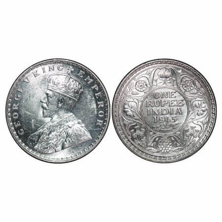 George V, Silver, Rupee, 1915, Calcutta Mint, No dot, Raised initials 'B M' of Sir Bertara
