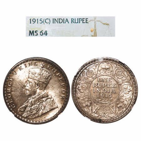 George V, Silver, Rupee, 1915, Calcutta Mint, No dot. F. Prid 211. GK 1031. NGC Slab MS 64