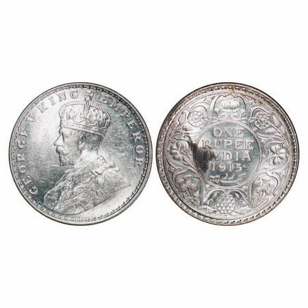 George V, Silver, Rupee, 1915, Bombay Mint, Dot, Raised initials 'B M' of Sir Bertram MacK