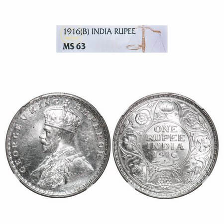 George V, Silver, Rupee, 1916, Bombay Mint, Dot. F. Prid 222. GK 1034. NGC Slabbed MS 63. 