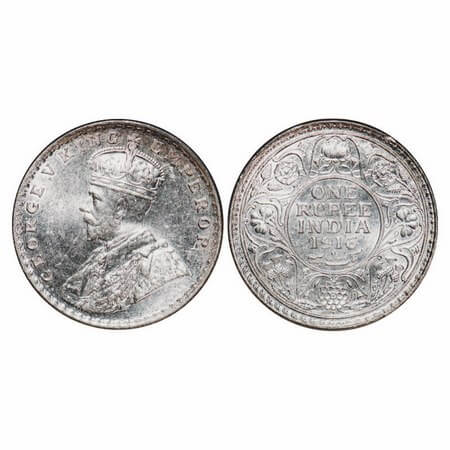 George V, Silver, Rupee, 1916, Bombay Mint, Dot, Alphabate 'D' of India is seen below the 