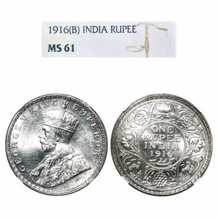 George V, Silver, Rupee, 1916, Bombay Mint, Dot. F. Prid 222. GK 1034. NGC Slabbed MS 61. 