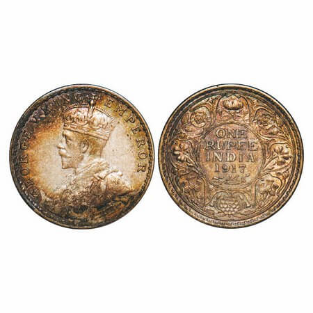 George V, Silver, Rupee, 1917, Bombay Mint, Dot. F. Prid 223. GK 1036. Uncirculated, Toned