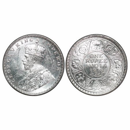 George V, Silver, Rupee, 1918, Calcutta Mint, No dot. F. Prid 214. GK 1037. Uncirculated. 