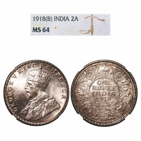 George V, Silver, Rupee, 1918, Bombay Mint, Dot. F. Prid 224. GK 1038. (instead of Rupee s