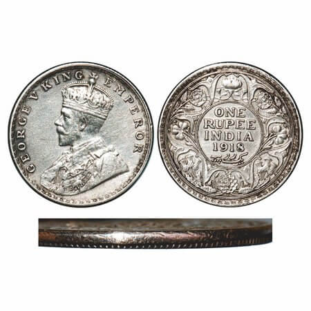 George V, Silver, Rupee, 1918, Bombay Mint, Dot, Error, The rim edge is partially milled a