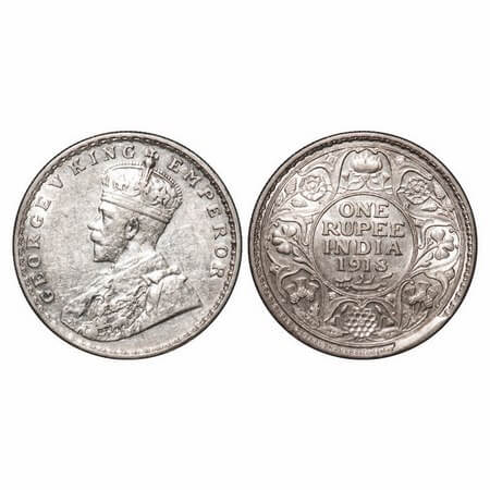 George V, Silver, Rupee, 1918, Bombay Mint, Dot, Error, Cud error on Rev rim edge. F. Prid