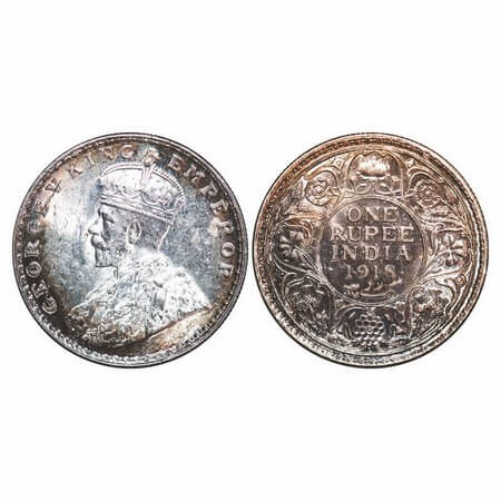 George V, Silver, Rupee, 1918, Bombay Mint, Dot. F. Prid 224. GK 1038. Brilliant Uncircula