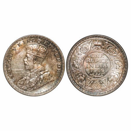 George V, Silver, Rupee, 1919, Calcutta Mint, No dot. F. Prid 215. GK 1039. Brilliant Unci