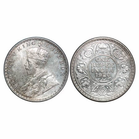 George V, Silver, Rupee, 1920, Calcutta Mint, No dot. F. Prid 216. GK 1041. Uncirculated. 