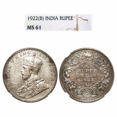 George V, Silver, Rupee, 1922, Bombay Mint, Dot. F. Prid 228. GK 1044. NGC Slabbed MS 61.