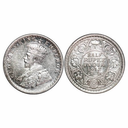 George V, Silver, Half Rupee, 1912, Bombay Mint, Dot, Re-Drawn Elephant. F. Prid 336. GK 1