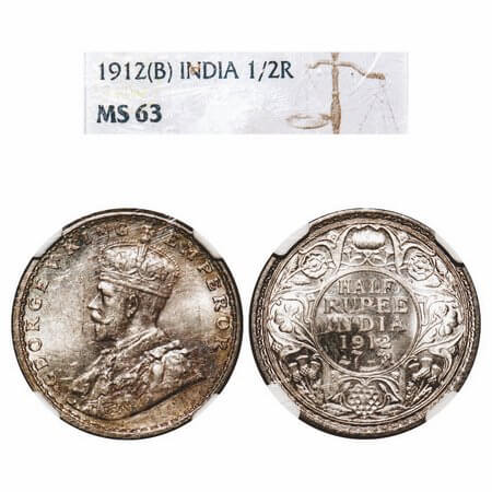 George V, Silver, Half Rupee, 1912, Bombay Mint, Dot, Re-Drawn Elephant. F. Prid 336. GK 1