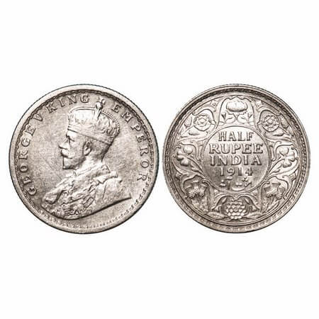 George V, Silver, Half Rupee, 1914, Calcutta Mint, No dot. F. Prid 321. GK 1050. Extremely