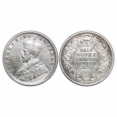 George V, Silver, Half Rupee, 1915, Calcuta Mint, No dot. F. Prid 322. GK 1052. Extremely