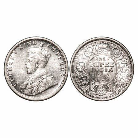 George V, Silver, Half Rupee, 1916, Calcutta Mint, No dot. F. Prid 323. GK 1053. Brilliant