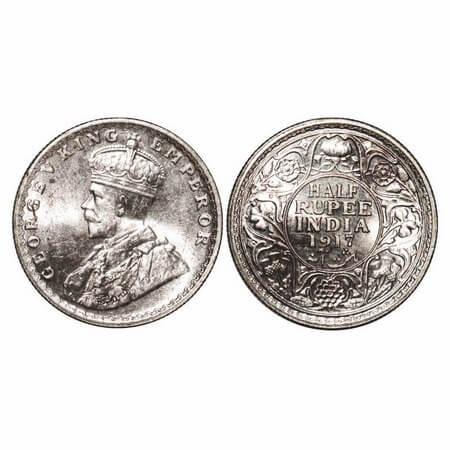 George V, Silver, Half Rupee, 1917, Bombay Mint, Dot. GK 1055. Uncirculated. Scarce.