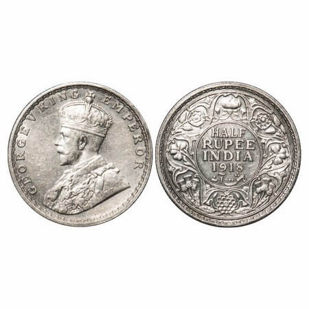 George V, Silver, Half Rupee, 1918, Bombay Mint, Dot. F. Prid 342. GK 1056. About Uncircul