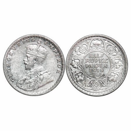 George V, Silver, Half Rupee, 1918, Bombay Mint, Dot, Ghost on Rev. F. Prid 342. GK 1056. 