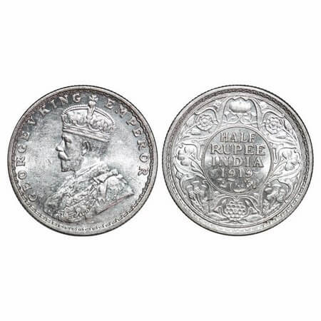 George V, Silver, Half Rupee, 1919, Bombay Mint, Dot, Ghost on Rev. F. Prid 343. GK 1057. 