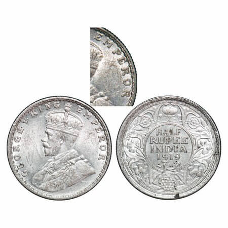George V, Silver, Half Rupee, 1919, Bombay Mint, Dot, Bloated alphabates of Emperor on Obv