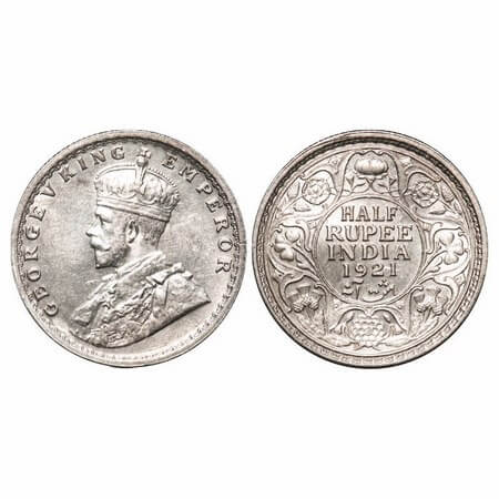 George V, Silver, Half Rupee, 1921, Calcutta Mint, No dot, Ghost on Rev. F. Prid 324. GK 1