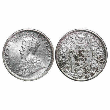 George V, Silver, Half Rupee, 1921, Calcutta Mint, No dot. F. Prid 324. GK 1058. Uncircula