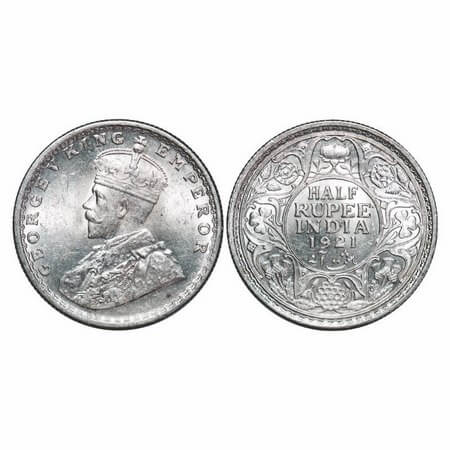 George V, Silver, Half Rupee, 1921, Calcutta Mint, No dot. F. Prid 324. GK 1058. Uncircula