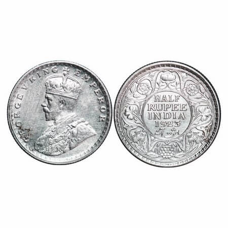 George V, Silver, Half Rupee, 1923, Calcutta Mint, No dot, Mechanical doubling strike on O