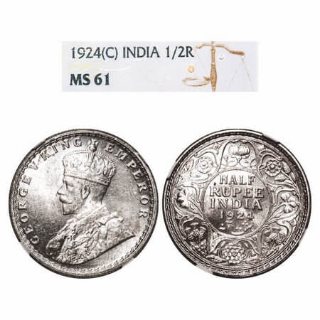 George V, Silver, Half Rupee, 1924, Calcutta Mint, No dot, Elephant. F. Prid 327. GK 1063.