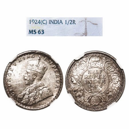 George V, Silver, Half Rupee, 1924, Calcutta Mint, No dot, Elephant. F. Prid 327. GK 1063.