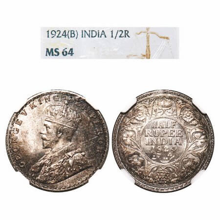 George V, Silver, Half Rupee, 1924, Bombay Mint, Dot, Elephant. F. Prid 346. GK 1064. NGC 