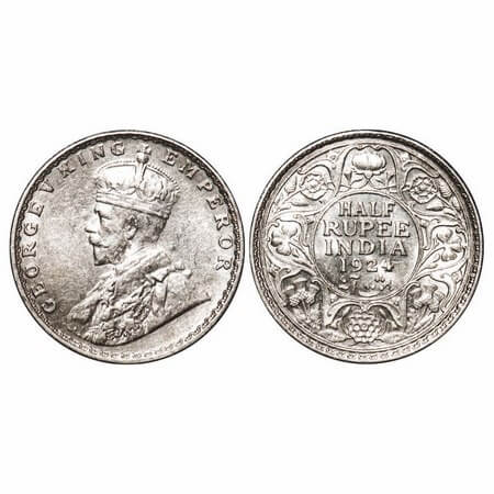 George V, Silver, Half Rupee, 1924, Bombay Mint, Dot, Ghost on Rev. F. Prid 346. GK 1064. 