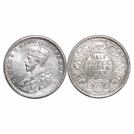 George V, Silver, Half Rupee, 1925, Calcuta Mint, No dot. F. Prid 328. GK 1065. Almost Unc