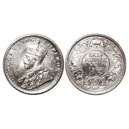 George V, Silver, Half Rupee, 1925, Calcutta Mint, No dot, Ghost on Rev. F. Prid 328. GK 1