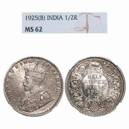 George V, Silver, Half Rupee, 1925, Bombay Mint, Dot. F. Prid 347. GK 1066. NGS Slab MS 62