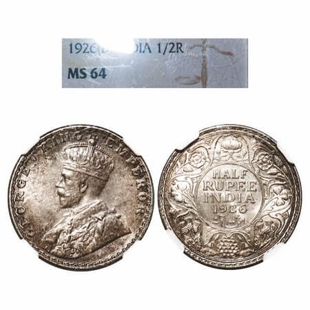 George V, Silver, Half Rupee, 1926, Bombay Mint, Dot, Elephant. F. Prid 348. GK 1068. NGC 
