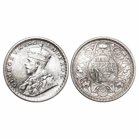 George V, Silver, Half Rupee, 1927, Calcutta Mint, No dot. F. Prid 330. GK 1069. Brilliant