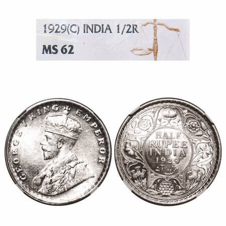 George V, Silver, Half Rupee, 1929, Calcutta Mint, No dot, Elephant. F. Prid 331. GK 1071.