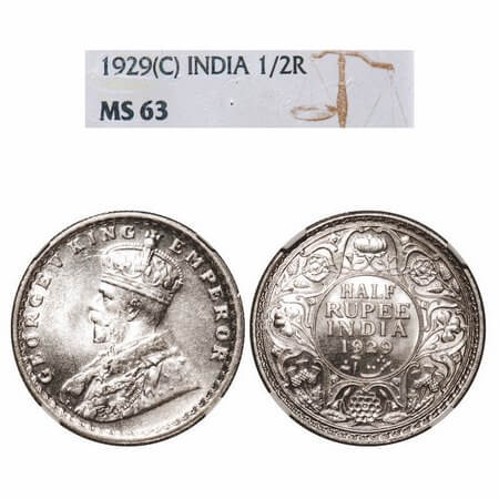 George V, Silver, Half Rupee, 1929, Calcutta Mint, No dot, Elephant. F. Prid 331. GK 1071.