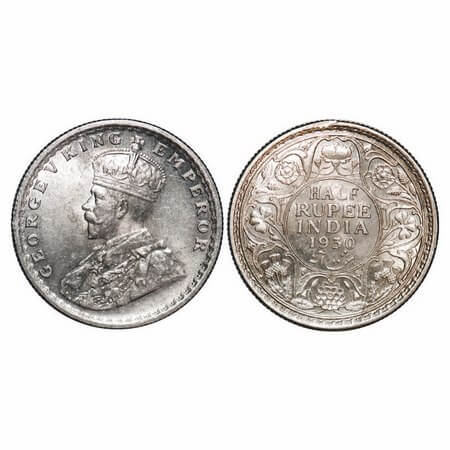 George V, Silver, Half Rupee, 1930, Calcutta Mint, No dot. F. Prid 332. GK 1072. Almost Un